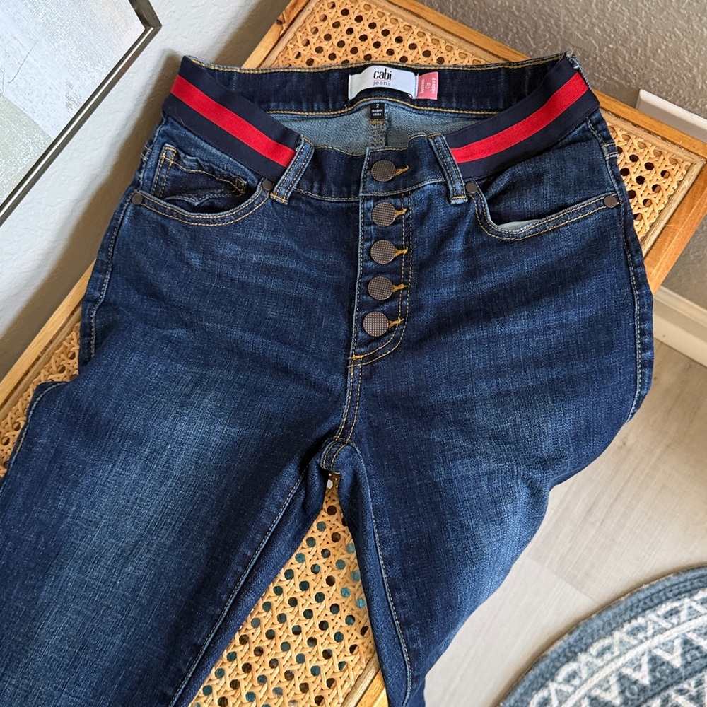 Cabi Women's Button Fly Dark Wash Blue Skinny Jeans Red Stripe Size 2